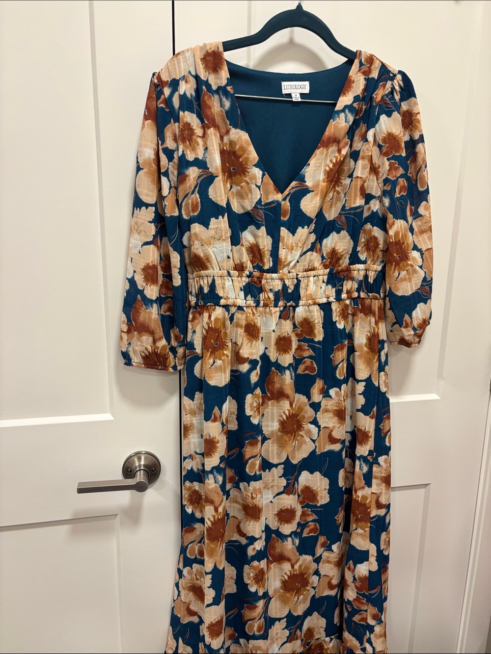 Luxology  Teal Floral V-Neck Midi Dress